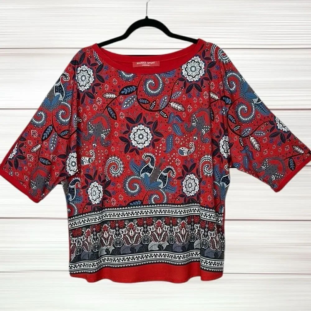 Marina Rinaldi Sport Top Blouse Red Paisley Dolman Sleeve Brand size L US 16-18